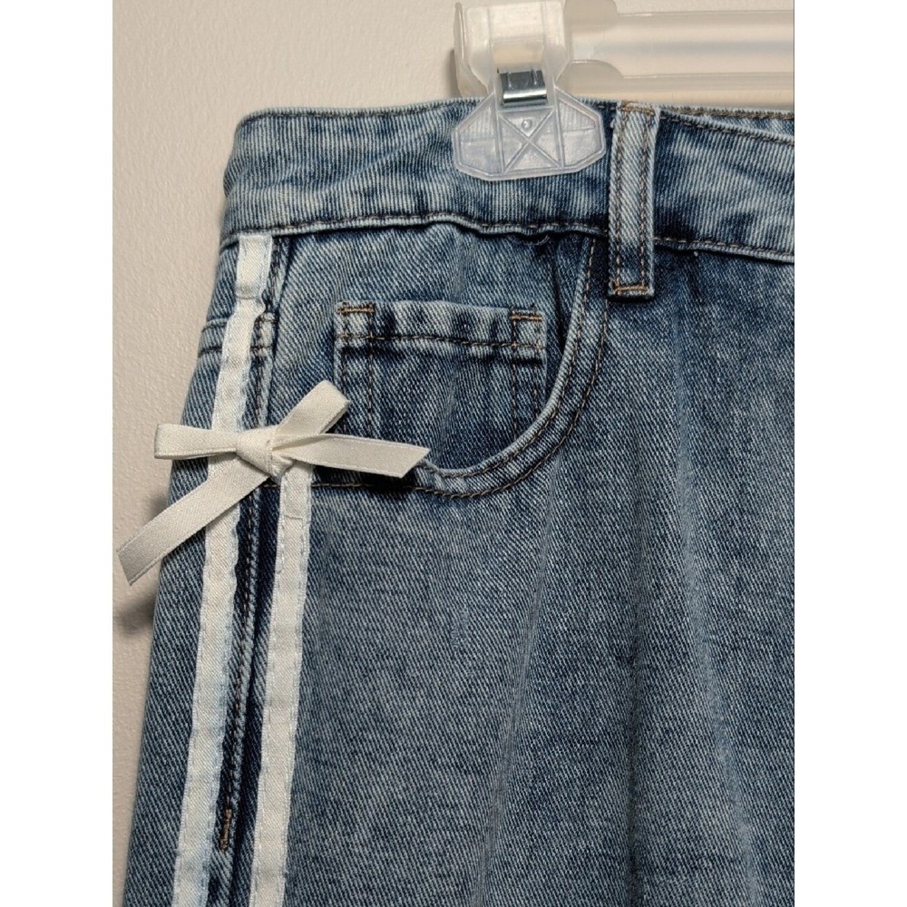 1030 Ten Thirty Wide Leg Jeans White Bow Ribbon Trim Coquette Size 9/29 Med Wash - Picture 5 of 14